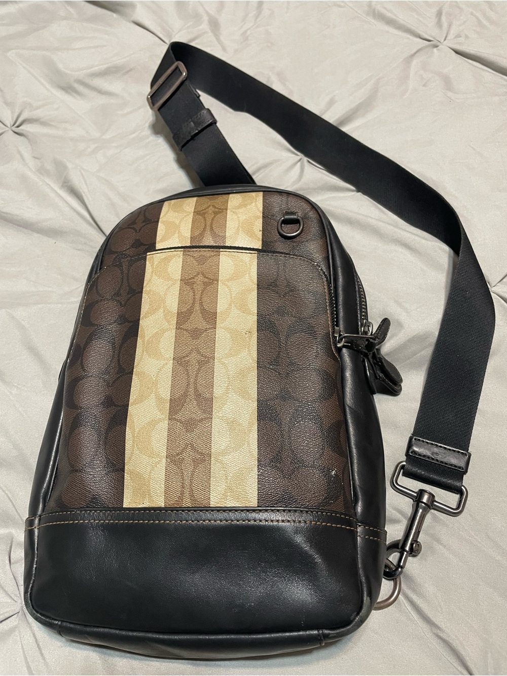 Coach Brown and Beige Signature Stripe Sling Bag